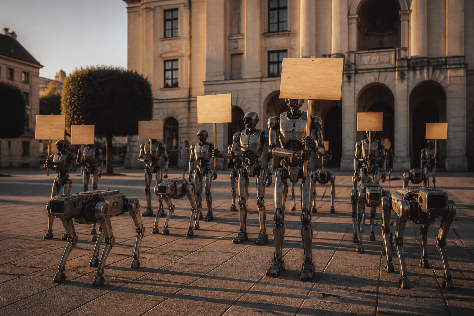 Humanoid and quadruped robots assemble in Poland for AI regulation campaign